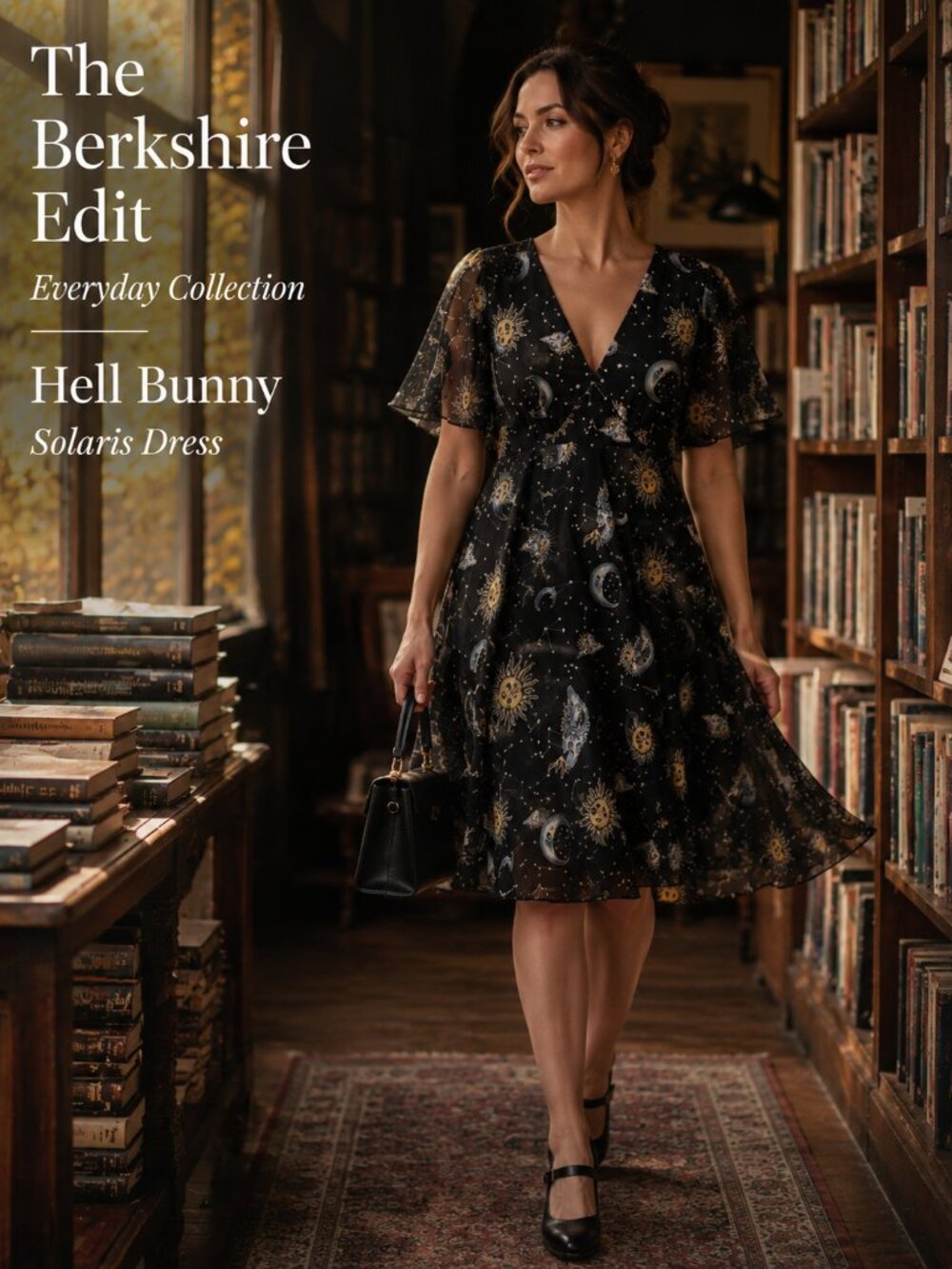 Hell Bunny Solaris Dress M Black Sun Moon Celestial Chiffon Whimsigoth Gothic